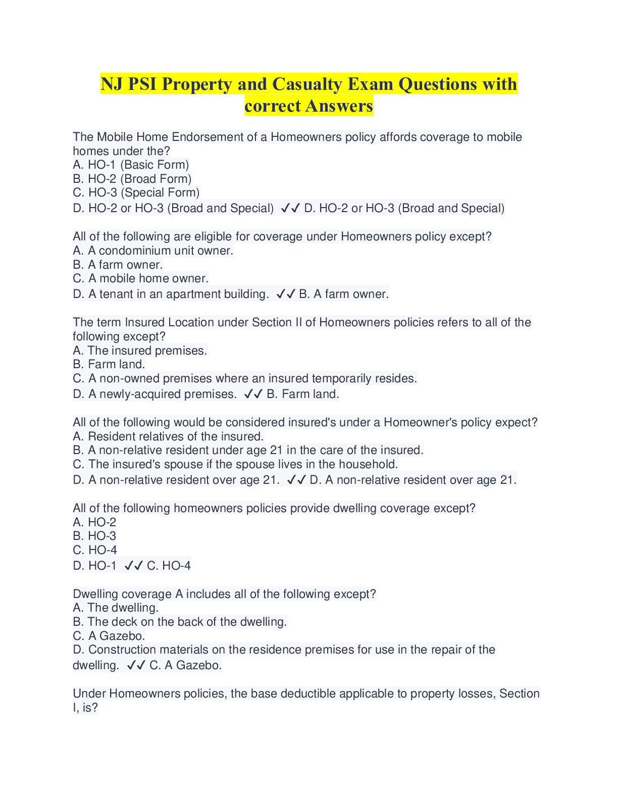 Preview image for NJ PSI Property and Casualty Exam Questions with correct Answers